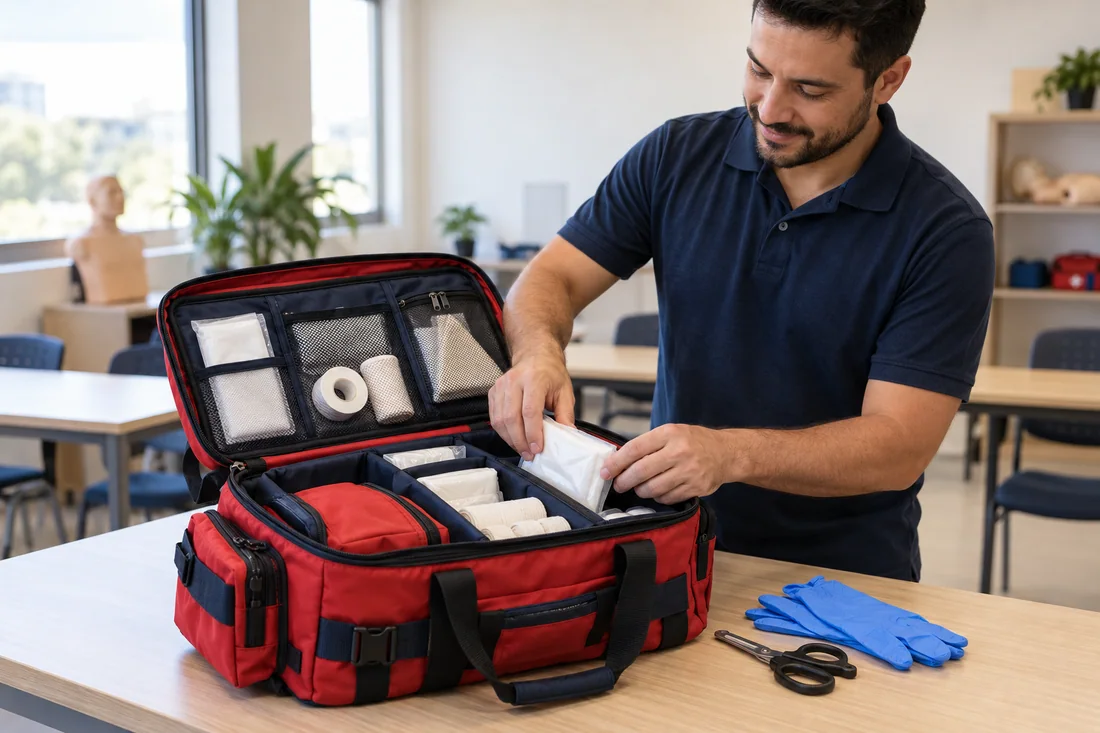 Instrutor organizando uma bolsa de primeiros socorros em sala de aula