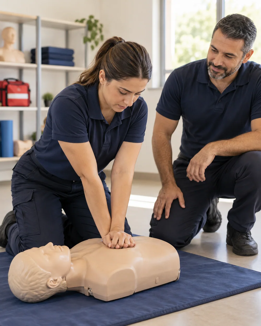 Aluna praticando compressões torácicas em manequim, acompanhada de perto pelo instrutor